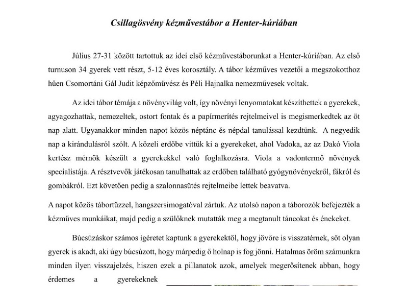 Csillagösvény kézművestábor a Henter-kúriában