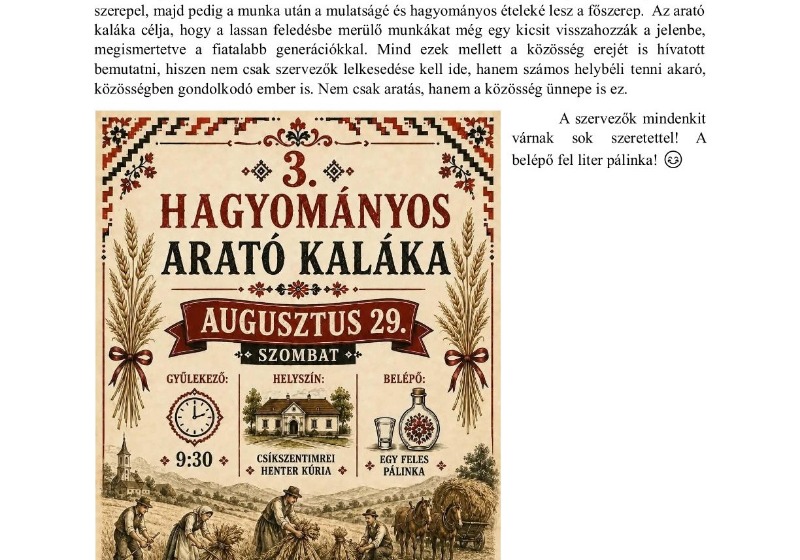 III. alkalommal kerül megszervezésre a hagyományos arató kaláka Csíkszentimrén