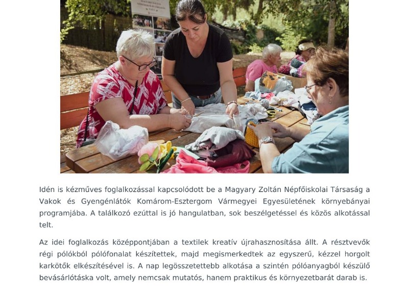 Kézműves foglalkozást szervezett a Vakok és Gyengénlátók Komárom-Esztergom Vármegyei Szervezete tagjainak a Magyary Népfőiskola