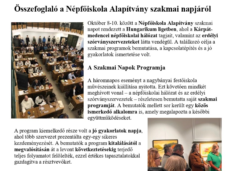 Összefoglaló a Népfőiskola Alapítvány szakmai napjáról