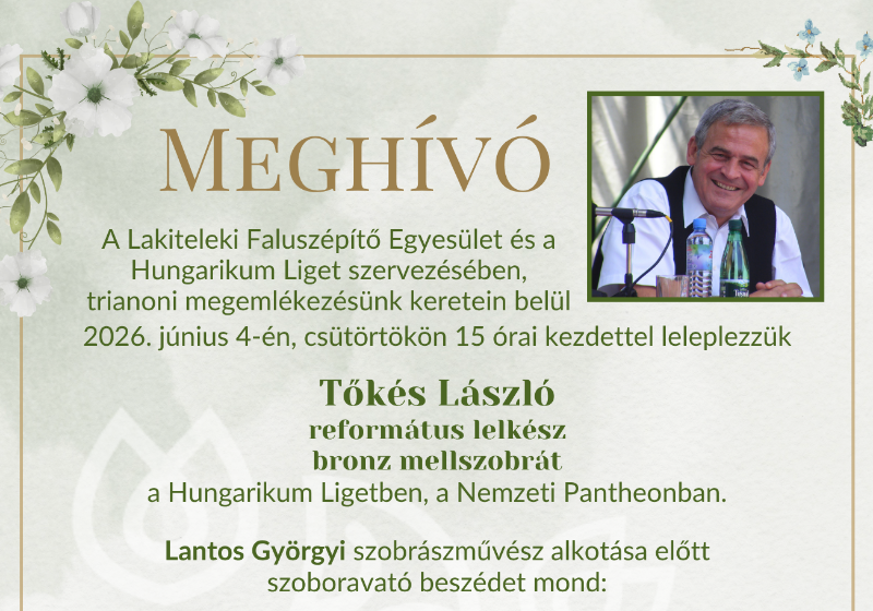 Meghívó Tőkés László református lelkész szoboravató ünnepségére